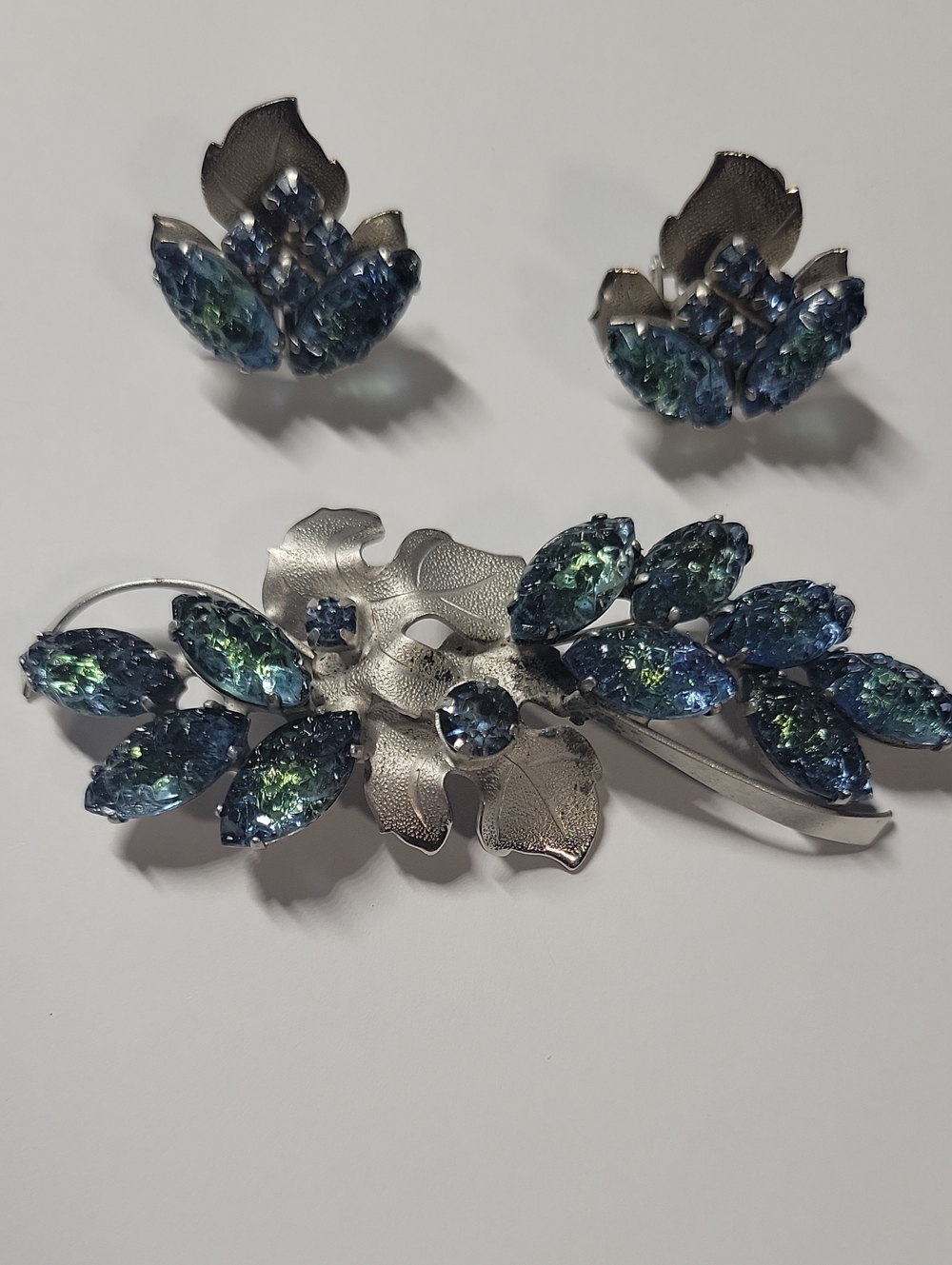 Blue-Green Crystal Leaf Brooch and Earring Set